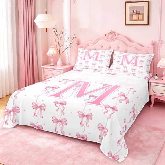 Manfei Pink Ribbon Bowknot Full Size Sheets For Girls,Cartoon 3D Letter M Personalized Bed Sheets For Kids,4 Pieces
