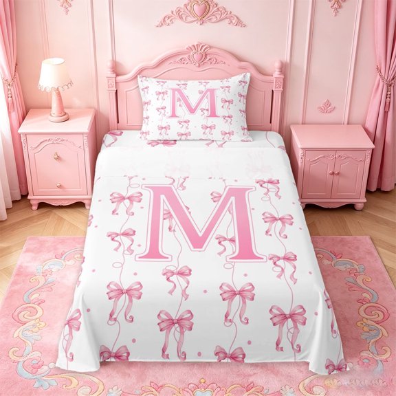 Manfei Pink Ribbon Bowknot Twin Sheet Sets For Girls,Cartoon 3D Letter M Personalized Bedding For Kids,3-Piece