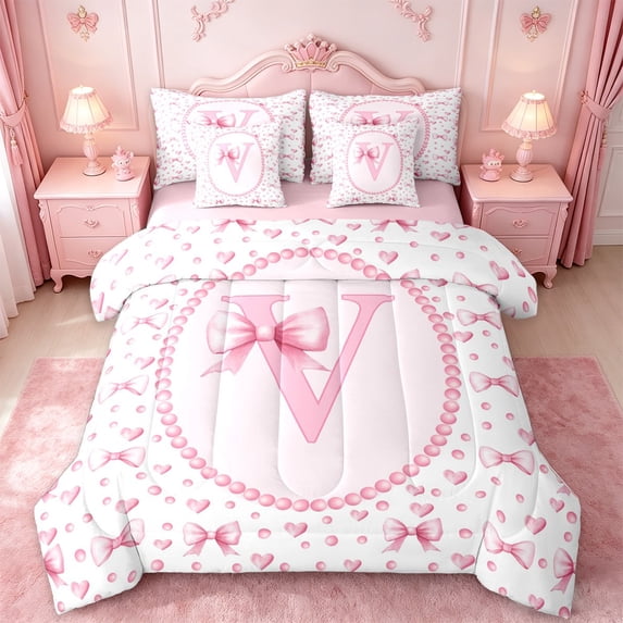 Manfei Pink Ribbon Bows 7-Piece Bedding Comforter Set For Kids,Cartoon Letter V Monogram King Bedding Sets For Girls,Pink Reversible
