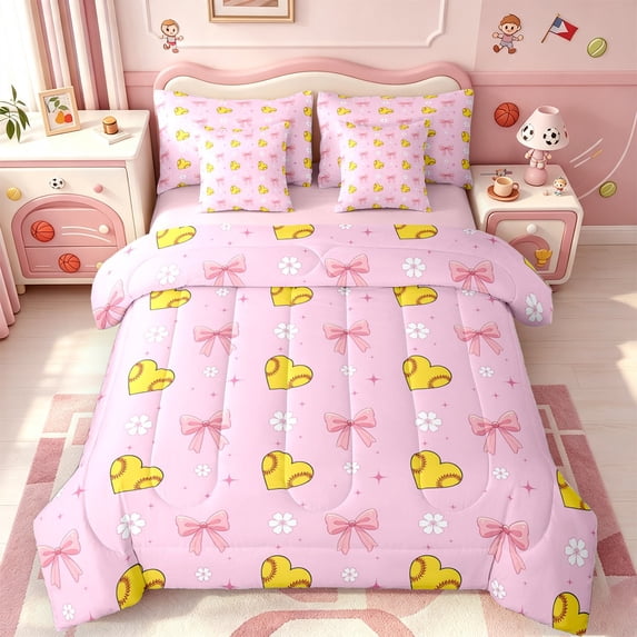 Manfei Pink Ribbon Bows 7-Piece Twin Bedding,Loves Print Baseball Bedding Comforter Set,Pink Reversible