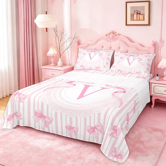 Manfei Pink Ribbon Lace Queen Sheet Sets For Kids,Princess Bow Theme V Monogram Bed Set For Girls,4 Pieces