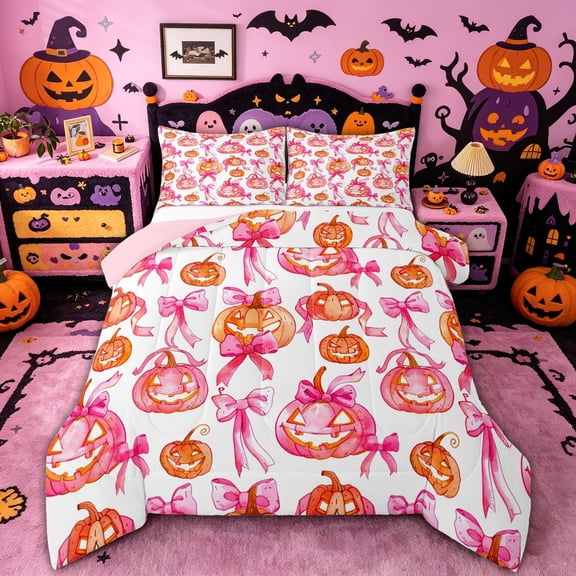 Manfei Pink Ribbon Pumpkin Full Size Comforter Sets for Girls, Halloween Watercolor Bowknot Bedding Comforter Set, Pink Reversible, 3-Piece, 1 Comforter and 2 Pillowcases