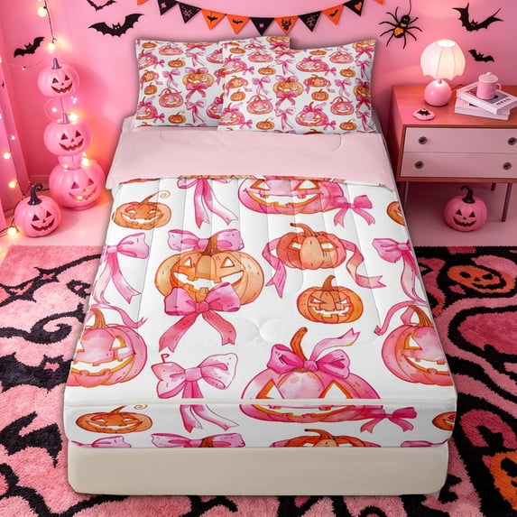 Manfei Pink Ribbon Pumpkin Zipper Full Size Comforter Sets with Fitted Sheet and 2 Pillowcases for Girls, Halloween Watercolor Bowknot Zipper Bedding Set, Pink Reversible, 4-Piece