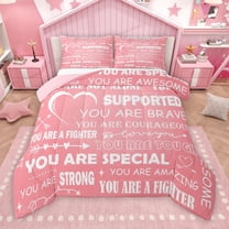 Manfei Pink Romantic Cartoon Bedding Comforter Set, Inspirational Words Twin Comforter Sets, Teens Kids Girls Female Reversible Bedding Set, Luxury Bedroom Decor, 2pcs