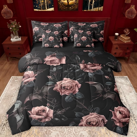Manfei Pink Rose 7-Piece Twin Bedding Sets,Rustic Flower Floral Bedding Comforter Set,Country Botanical Sheet Sets For Girls,Ultra Soft Home Decor Reversible