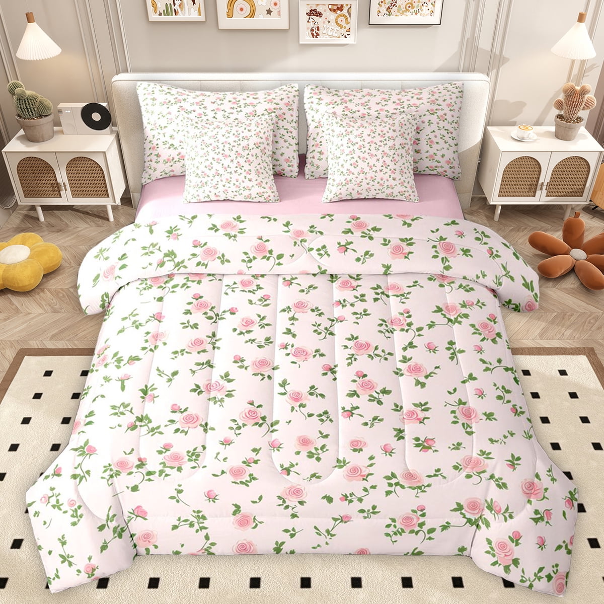Simple Bedding Collection Manfei Pink Rose Floral Bedding Comforter Set 7 Pieces for Kids ...