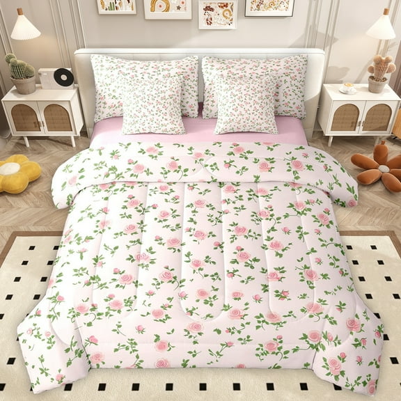 Manfei Pink Rose Floral Bedding Comforter Set 7pcs for Kids, Cartoon Boho Flower King Bedding Sets, Simple French Style Reversible Bed Sheets, Super Cozy Room Decor