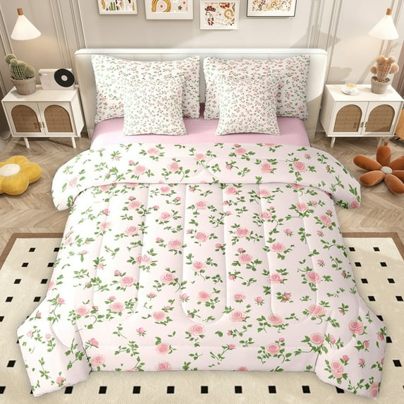 Manfei Pink Rose Floral Bedding Comforter Set 7pcs for Kids, Cartoon Boho Flower Queen Bedding Sets, Simple French Style Reversible Queen Sheet Sets, Super Cozy Room Decor