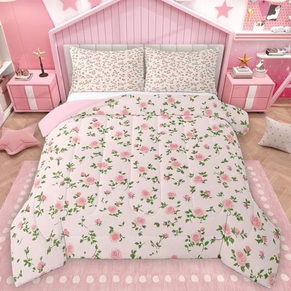 Manfei Pink Rose Floral Full Size Comforter Sets for Kids, Cartoon Boho Flower Bedding Comforter Set, Simple French Style Reversible Bedding Sets, Super Cozy Room Decor, 3pcs