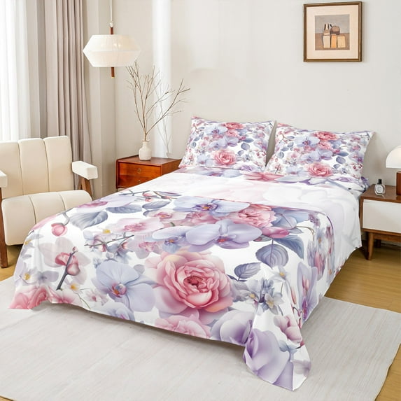 Manfei Pink Rose Flower Queen Sheet Sets for Girls, Romantic Floral Flat Sheet, Retro Western Theme Queen Fitted Sheet, Ultra Soft Home Decor, 4pcs