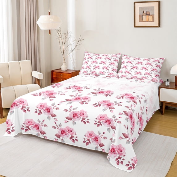 Manfei Pink Rose Girls Twin Sheet Sets, Anniversary Flower Floral Twin Fitted Sheet, Romantic Valentines Day Flat Sheet, Luxury Bedroom Decor, 3 Pieces