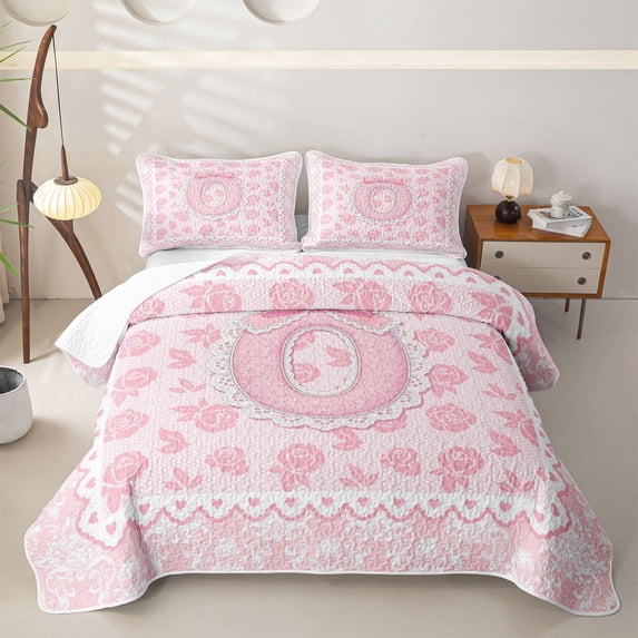 Manfei Pink Rose Princess Bow Letter O Twin Quilt Set for Girls, Western Damask Floral Twin Coverlet Set