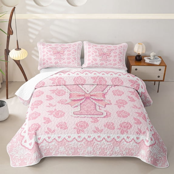 Manfei Pink Rose Princess Bow Letter Y Twin Quilt Set for Girls, Western Damask Floral Twin Coverlet Set