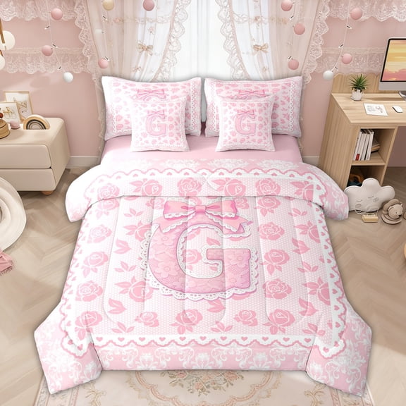 Manfei Pink Rose Princess Letter G Bow Bedding Comforter Set, Western Damask Floral Queen Bedding Sets, Pink Reversible, 7-Piece