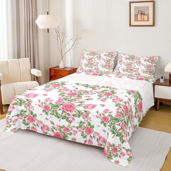 Manfei Pink Rose Twin Sheet Sets, Vintage Floral Flower Bed Sheets Twin, Spring Garden Bedding Sets Twin Size, Breathable Room Decoration, 3-Piece