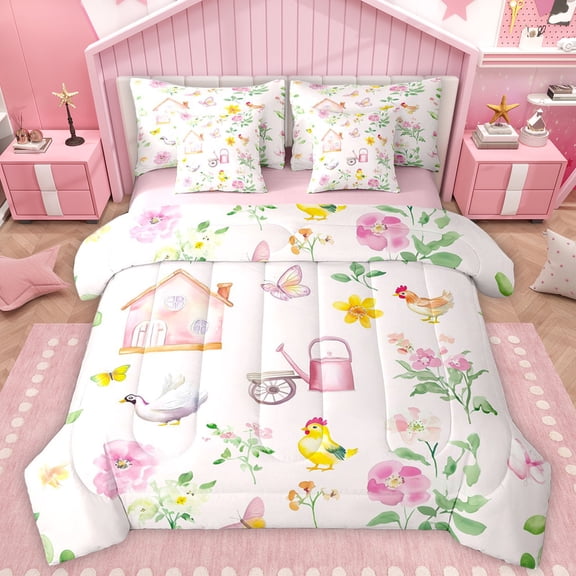 Manfei Pink Rustic Cabin Bedding Comforter Set 7pcs for Kids, Cartoon Farm Rooster King Bedding Sets, Kawaii Pink Floral Reversible Bed Sheets, Luxury Bedroom Decor