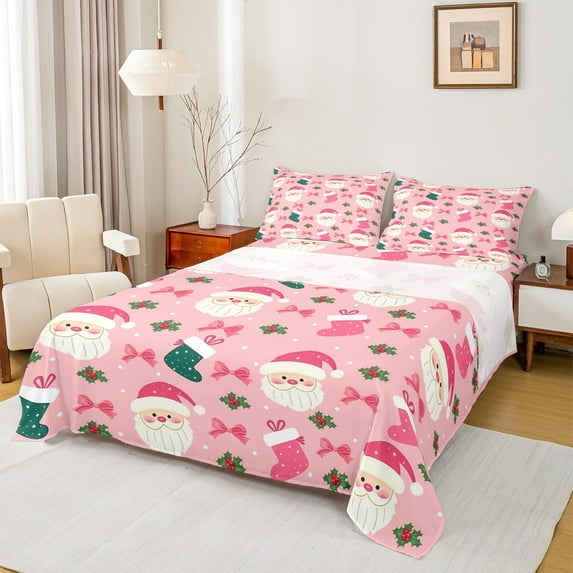 Manfei Pink Santa Claus Twin Sheet Sets, Dreamy Christmas Bowknot Twin Fitted Sheet, Teens Kids Boys Girls Flat Sheet, Luxury Bedroom Decor, 3pcs