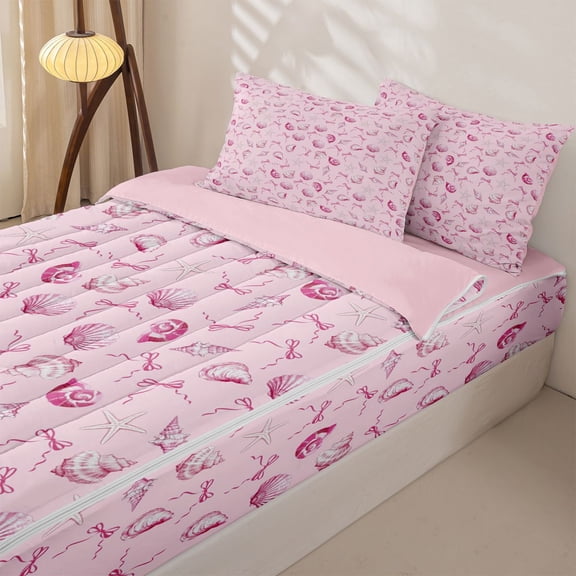 Manfei Pink Seashell Starfish Bow Zipper Twin Comforter Sets with Fitted Sheet and 2 Pillowcases for Kids Girls, Kawaii Ocean Wildlife Zipper Bedding Set, Pink Reversible, 4 Pieces