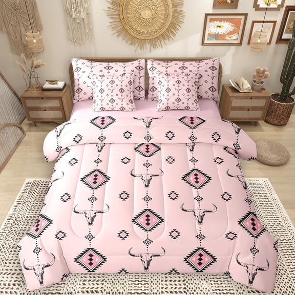 Manfei Pink Square Aztec 7-Piece Twin Bedding Sets for Adult, Tribal Western Bohemian Bedding Comforter Set, Mandala Hippie Style Reversible Sheet Sets, Lightweight Room Decor