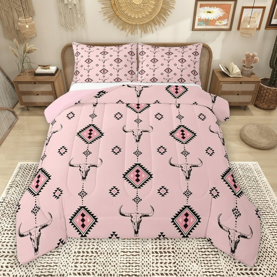 Manfei Pink Square Aztec Full Size Comforter Sets for Adult, Tribal Western Bohemian Bedding Comforter Set, Mandala Hippie Style Reversible Bedding Sets, Lightweight Room Decor, 3-Piece
