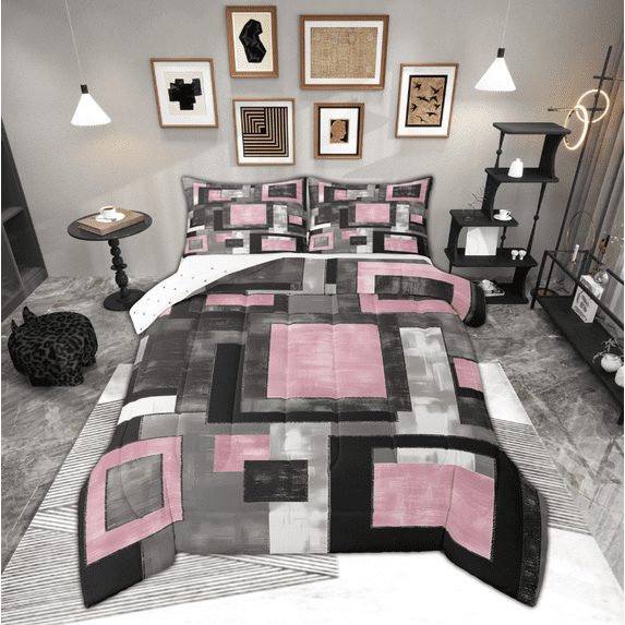 Manfei Pink Square Bedding Comforter Set for Adult, Abstract Ombre Twin Comforter Sets, Modern Fashion Style Reversible Bedding Set, Microfiber Bedroom Decor, 2 Pieces