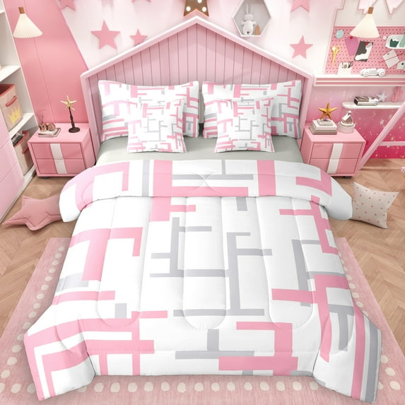 Manfei Pink Square Buffalo 7 Pieces Bedding Comforter Set, Vintage Checkered Abstract Full Bedding Set, Rectangle Plaid Reversible Fitted Sheet Flat Sheet, Microfiber Bedroom Decor