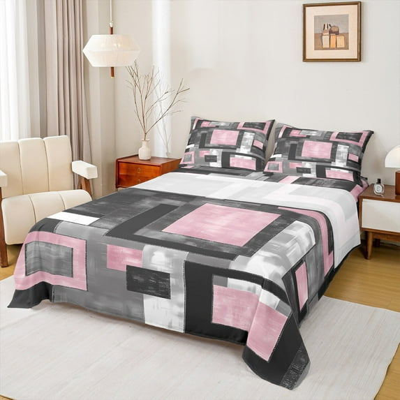 Manfei Pink Square Full Size Sheets for Adult, Abstract Ombre Bed Sheets, Modern Fashion Style Sheet Sets, Microfiber Bedroom Decor, 4 Pieces