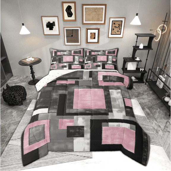 Manfei Pink Square Queen Comforter Set for Adult, Abstract Ombre Bedding Sets, Modern Fashion Style Reversible Bedding Comforter Set, Microfiber Bedroom Decor, 3 Pieces