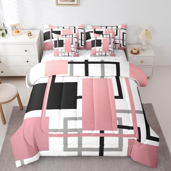 Manfei Pink Square Twin Bedding Sets 7-Piece for Adult, Abstract Ombre Bedding Comforter Set, Modern Fashion Style Reversible Sheet Sets, Super Cozy Room Decor