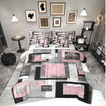 Manfei Pink Square Twin Bedding Sets 7-Piece for Adult, Abstract Ombre Bedding Comforter Set, Modern Fashion Style Reversible Sheet Sets, Ultra Soft Home Decor