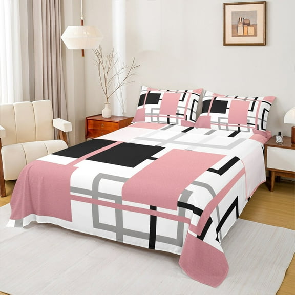 Manfei Pink Square Twin Sheet Sets for Adult, Abstract Ombre Twin Fitted Sheet, Modern Fashion Style Flat Sheet, Super Cozy Room Decor, 3-Piece