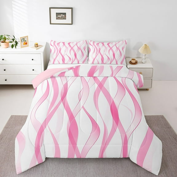Manfei Pink Striped Queen Comforter Set,Line Art Design Bedding Sets,Abstract Geometric Stripes Bedding Comforter Set,Ightweight Bedroom Decorative Reversible,3pcs