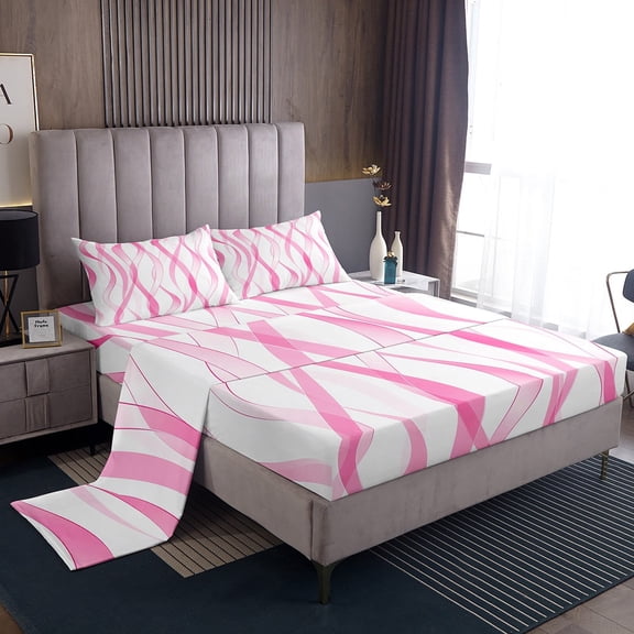 Manfei Pink Striped Queen Sheet Sets,Line Art Design Flat Sheet,Abstract Geometric Stripes Queen Fitted Sheet,Ightweight Bedroom Decorative,4pcs