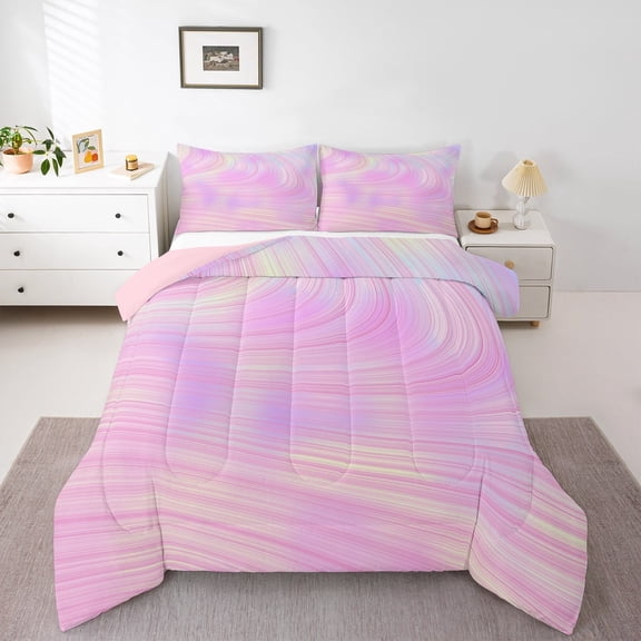 Manfei Pink Stripes 2pcs Bedding Comforter Set,Geometric Lines Twin Comforter Sets,Gradient Ombre Breathable Bedding Set,Microfiber Girls Bedroom Decor,Reversible