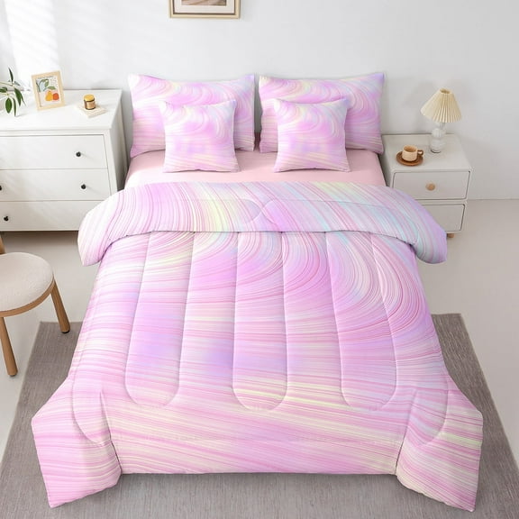 Manfei Pink Stripes 7 Pieces Bedding Comforter Set,Geometric Lines Full Bedding Set Lightweight,Gradient Ombre Fitted Sheet Flat Sheet,Microfiber Girls Bedroom Decor,Reversible
