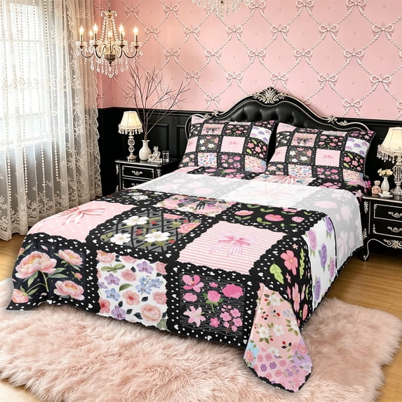 Manfei Pink Stripes Bowknot Queen Sheet Sets 4 Pieces for Girls,Chic Flowers Plaid Bed Set for Teens Female,Lightweight Room Decor