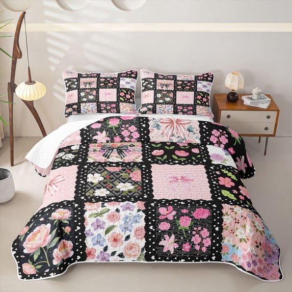 Manfei Pink Stripes Bowknot Quilt Full for Girls,Chic Flowers Plaid Full Bedspread Sets for Teens Female