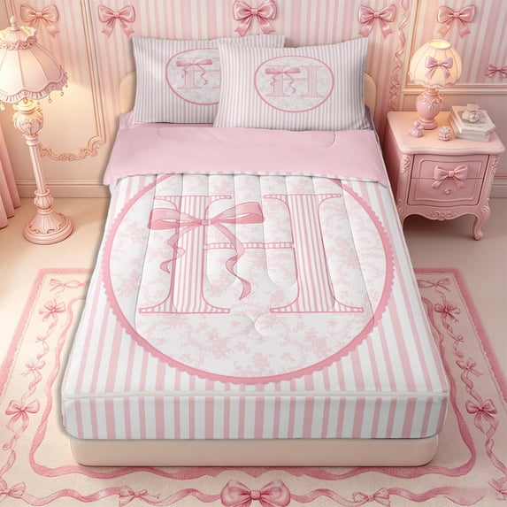 Manfei Pink Stripes Initial H Zipper Full Size Comforter Sets with Fitted Sheet and 2 Pillowcases for Girls,Chic Floral Bowknot Zipper Bedding Set,4pcs,Pink Reversible