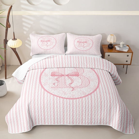Manfei Pink Stripes Personalized Initial B Twin Quilt Set for Girls,Chic Floral Bowknot Twin Coverlet Set for Teens