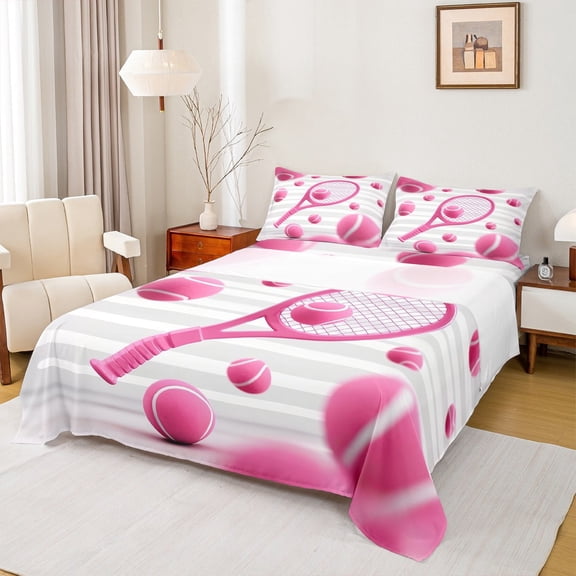 Manfei Pink Tennis Racket Bed Sheets,Sport Game King Sheets,White Geometric Stripes Sheet Set,Super Cozy Bedroom Decoration,4pcs