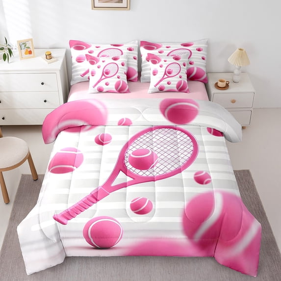 Manfei Pink Tennis Racket Bedding Comforter Set 7 Pieces,Sport Game Queen Bedding Sets,White Geometric Stripes Queen Sheet Sets,Super Cozy Bedroom Decoration Reversible