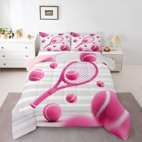 Manfei Pink Tennis Racket Queen Comforter Set,Sport Game Bedding Sets,White Geometric Stripes Bedding Comforter Set,Super Cozy Bedroom Decoration Reversible,3 Pieces