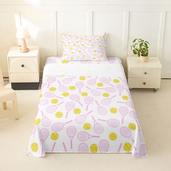 Manfei Pink Tennis Racket Twin Sheets,Ball Sports Games Bedding For Girls,Pastel Tone,3 Pieces,1 Fitted Sheet and 1 Pillowcase
