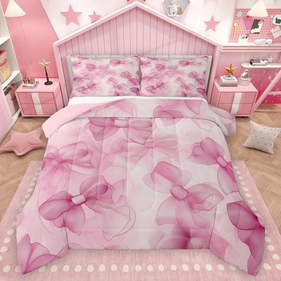 Homewish Pink Watercolor Bow Full Size Comforter Sets, Romantic Bowknot Bedding Comforter Set, Teens Kids Girls Women Reversible Bedding Sets, Lightweight Room Decor, 3-Piece