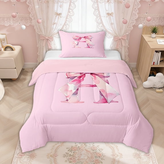 Manfei Pink Watercolor Bow Letter H Twin Comforter Sets for Girls, Cute Initial Bows Bedding Set, Pink Reversible, 2-Piece