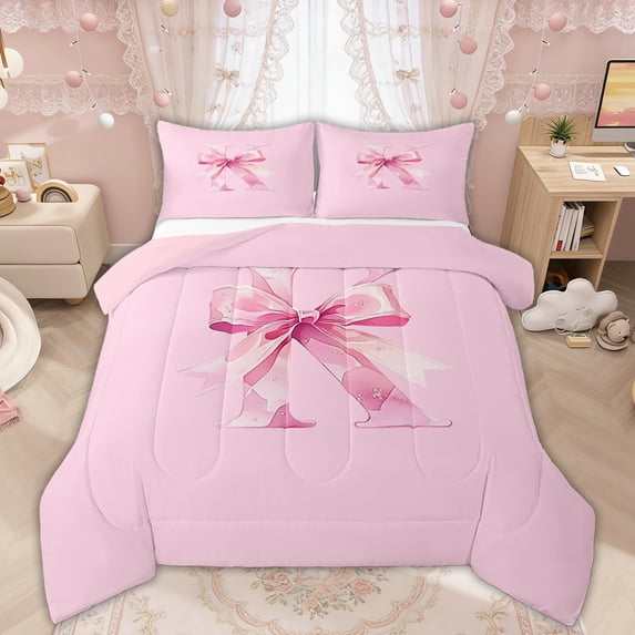Manfei Pink Watercolor Bow Letter K Full Size Comforter Sets for Girls, Cute Initial Bows Bedding Sets, Pink Reversible, 3-Piece