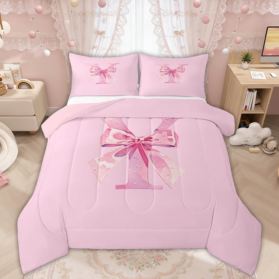 Manfei Pink Watercolor Letter Y Bow Queen Comforter Set, Cute Princess Style Bedding Comforter Set for Girls Women, Pink Reversible, 3 Pieces