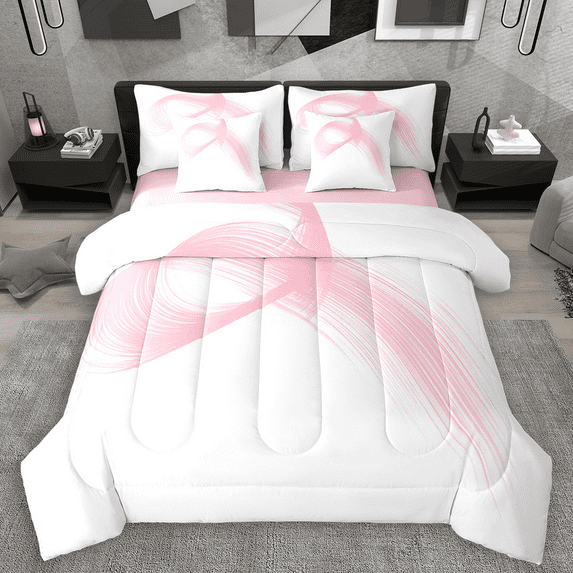 Manfei Pink White Bedding Comforter Set 7pcs, Modern Abstract Art King Bedding Sets, Geometric Line Stripe Bed Sheets, Microfiber Bedroom Decor