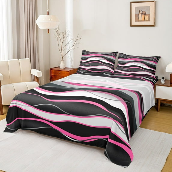 Manfei Pink White Black Twin Sheet Sets,Waves Lines Twin Fitted Sheet,Minimalism Geometric Striped Flat Sheet For Girls Boys,Super Cozy Room Decor,3-Piece