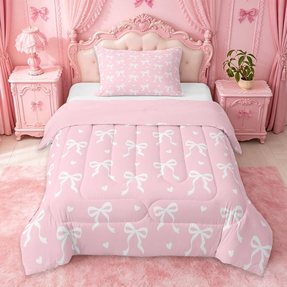 Manfei Pink White Bow Heart Twin Comforter Sets For Girls,Coquette Bowknot Print Bedding Set For Kids,Pink Reversible,2 Pieces